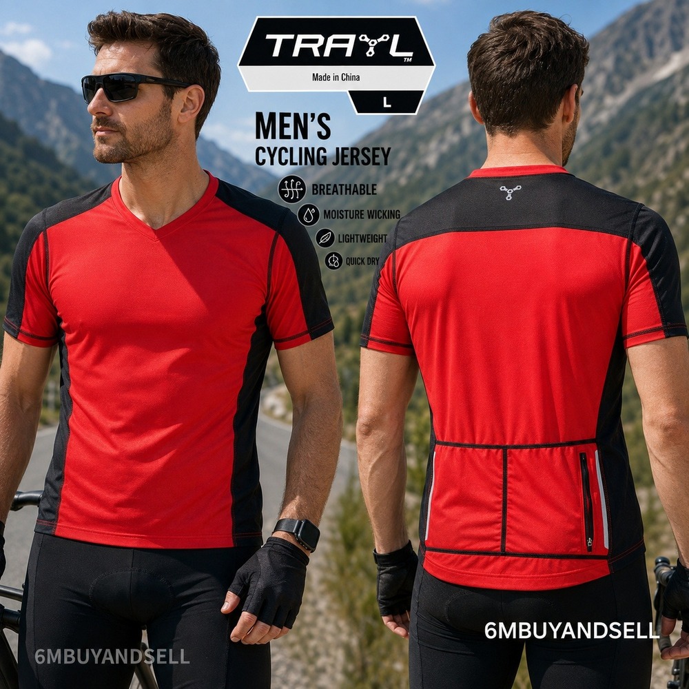 Trayl Mens Cycling Jersey Red Black Short Sleeve V-Neck Pockets Large 970S15TRLM